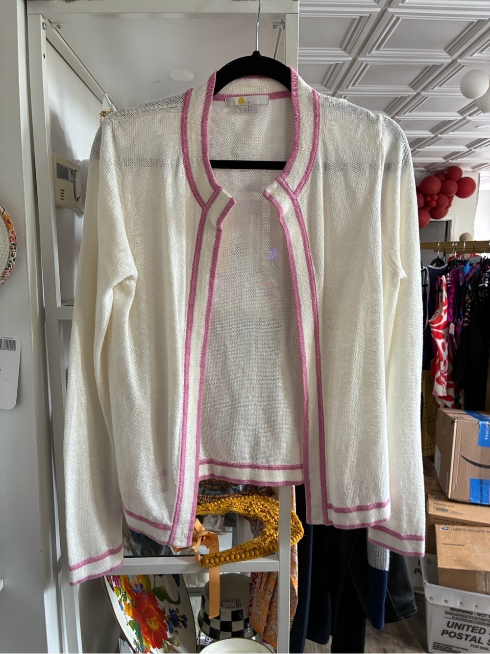 Boden Cream Open-Front Cardigan with Pink Trim